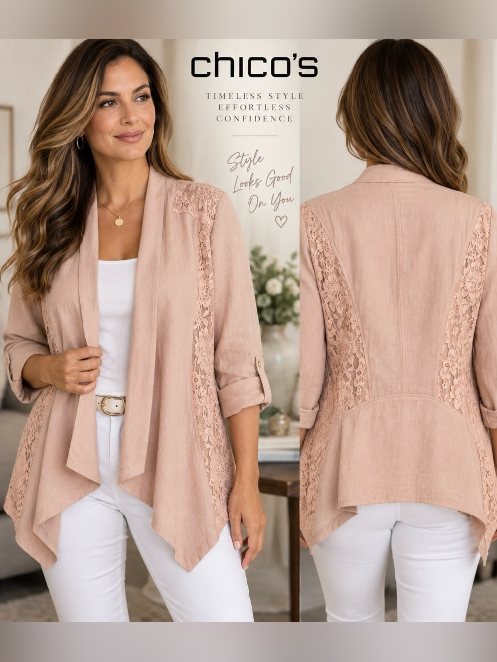 Chico's Women Dusty Rose Lace-Panel Open Front Cardigan Size XL